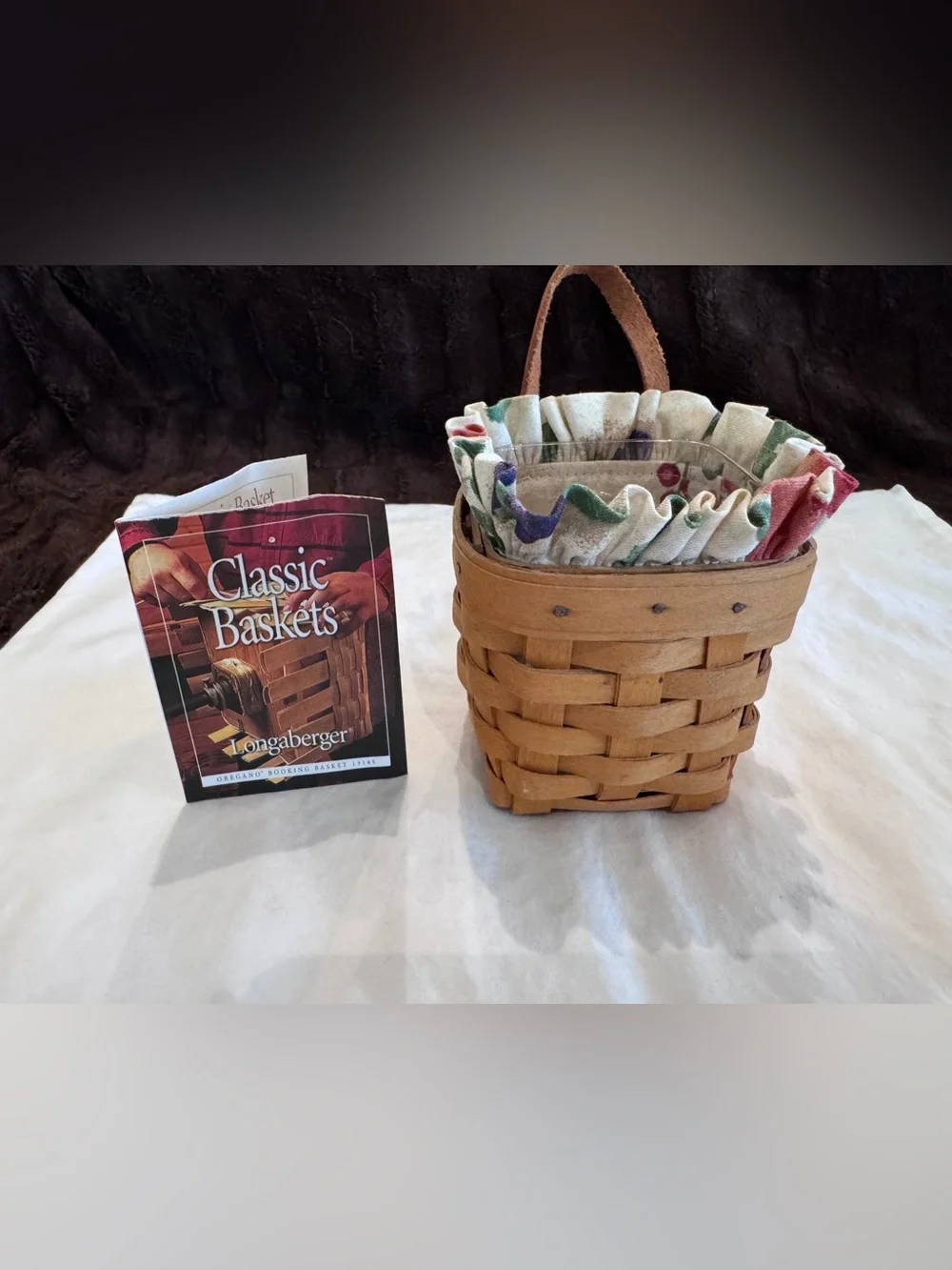 Longaberger Brown Woven Basket with Floral Ruffled Liner